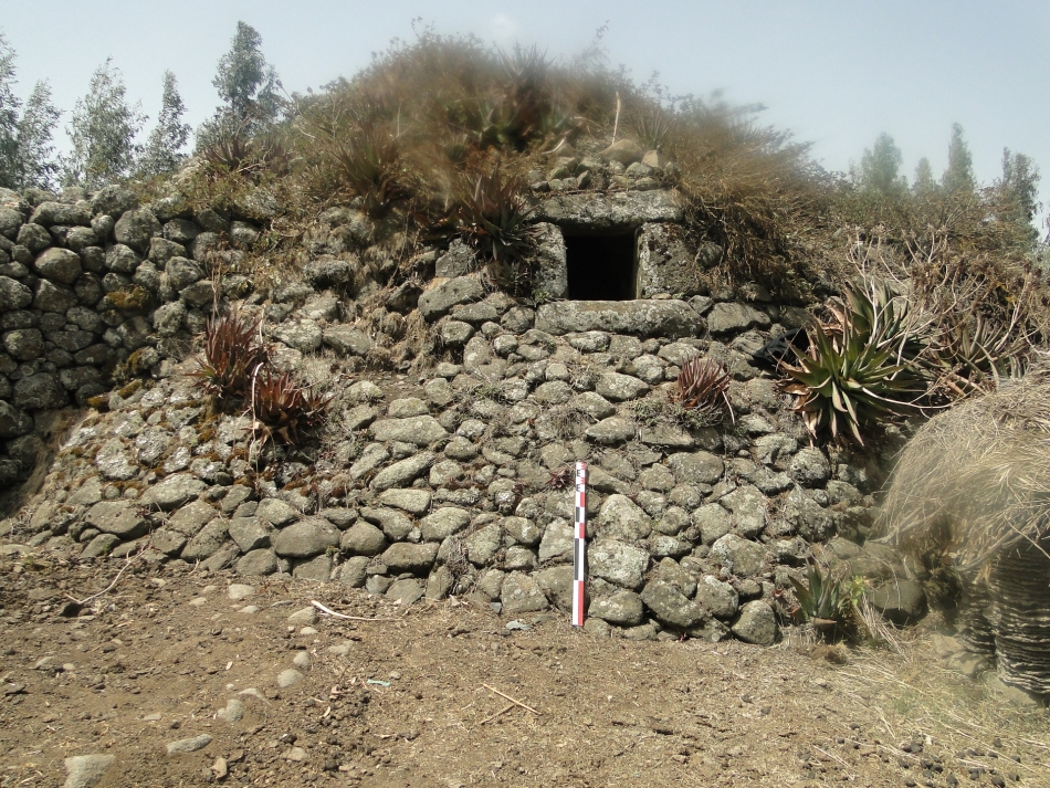 Sayǝṭān Gur, Menz Mama Woreda. This structure encompasses a tumulus, an extended drystone wall and a partly-destroyed external built platform. Today, thistle bushes and eucalyptus trees are found on and around the monument. 