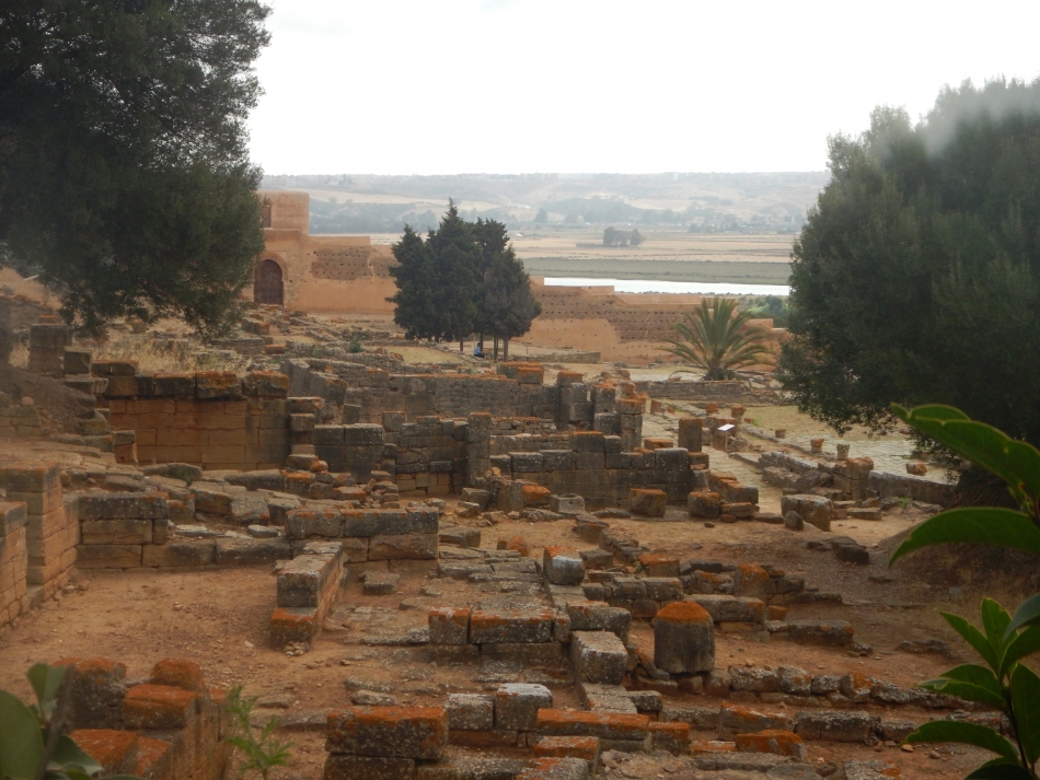 Le Chellah dans son environnement, vue du Sud. Au premier plan, les vestiges du quartier artisanal antique. En arrière-plan, un tronçon de l’enceinte mérinide et au-delà le Bou Regreg. 